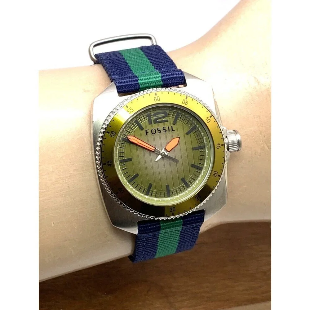 Fossil Mens Watch WB1043 Quartz Green Dial 38mm Stainless Steel Case Nylon Strap